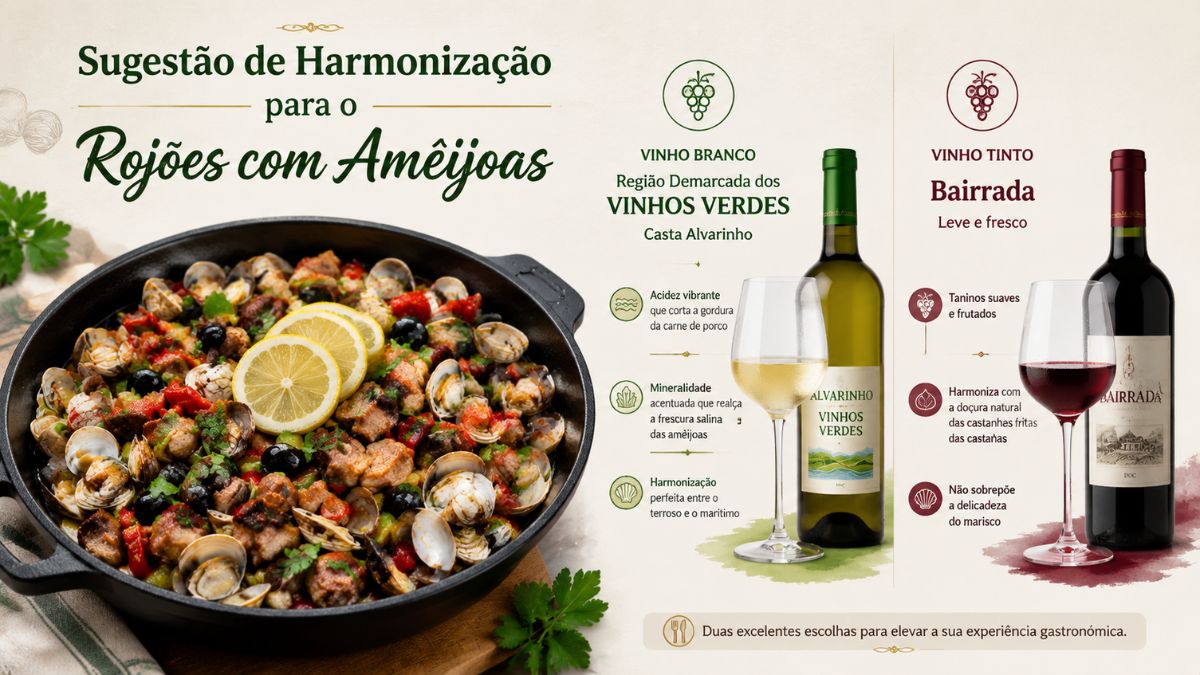 Infográfico com tacho de rojões com amêijoas acompanhado por vinho branco Alvarinho dos Vinhos Verdes e vinho tinto leve da Bairrada.
