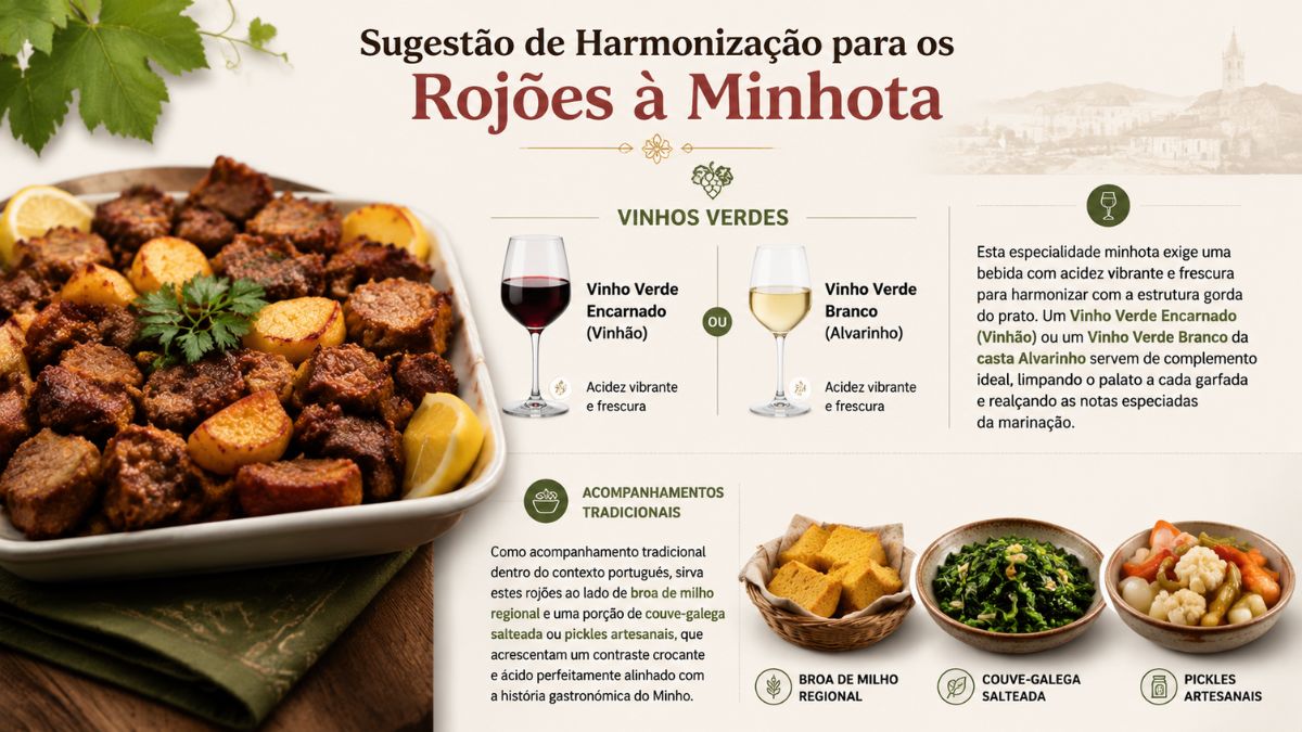 Infográfico com sugestões de harmonização para rojões à minhota apresentando travessa com carne e batatas, copos de vinho verde encarnado e alvarinho, broa de milho, couve salteada e pickles.
