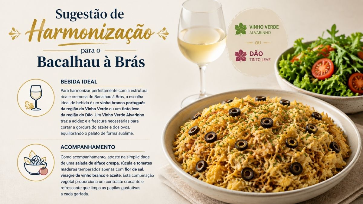 Guia de harmonização de Bacalhau à Brás acompanhado por taça de vinho branco Alvarinho e taça de salada verde com tomate.