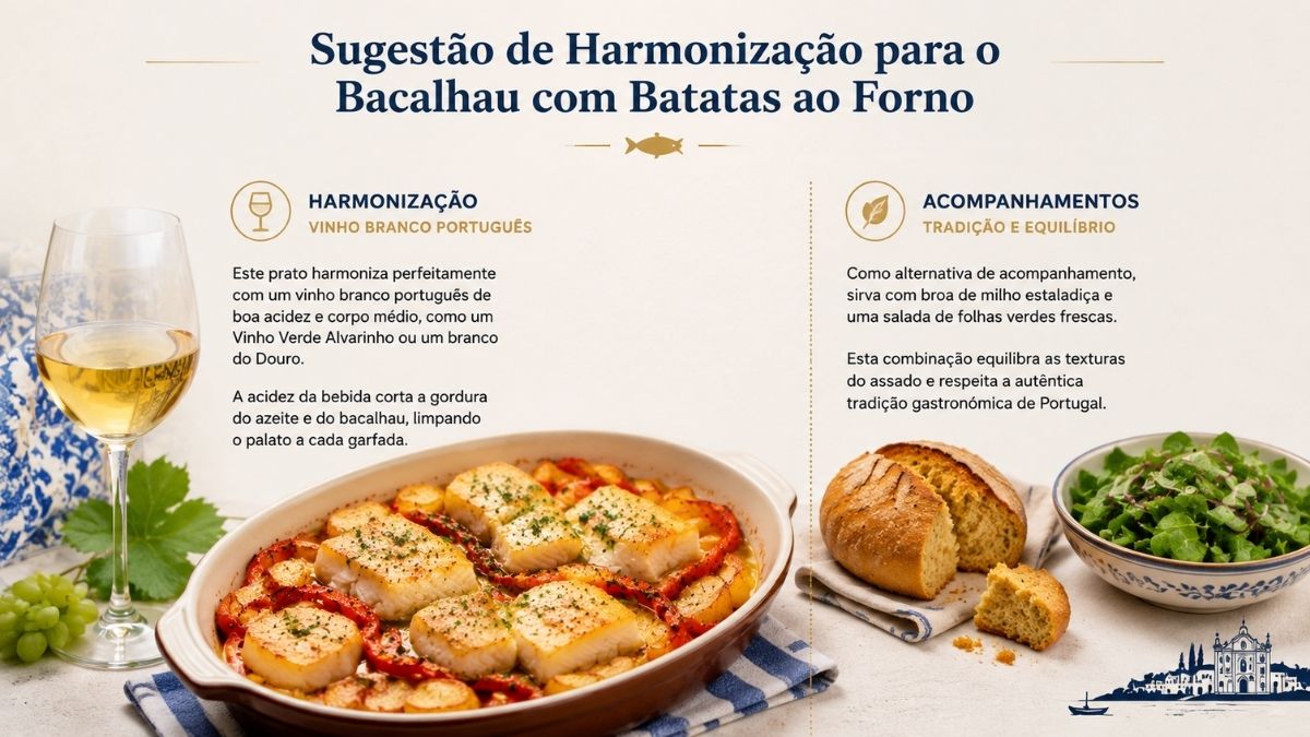 Infográfico com sugestões de harmonização de vinho branco e acompanhamentos para a receita de bacalhau com batatas ao forno.