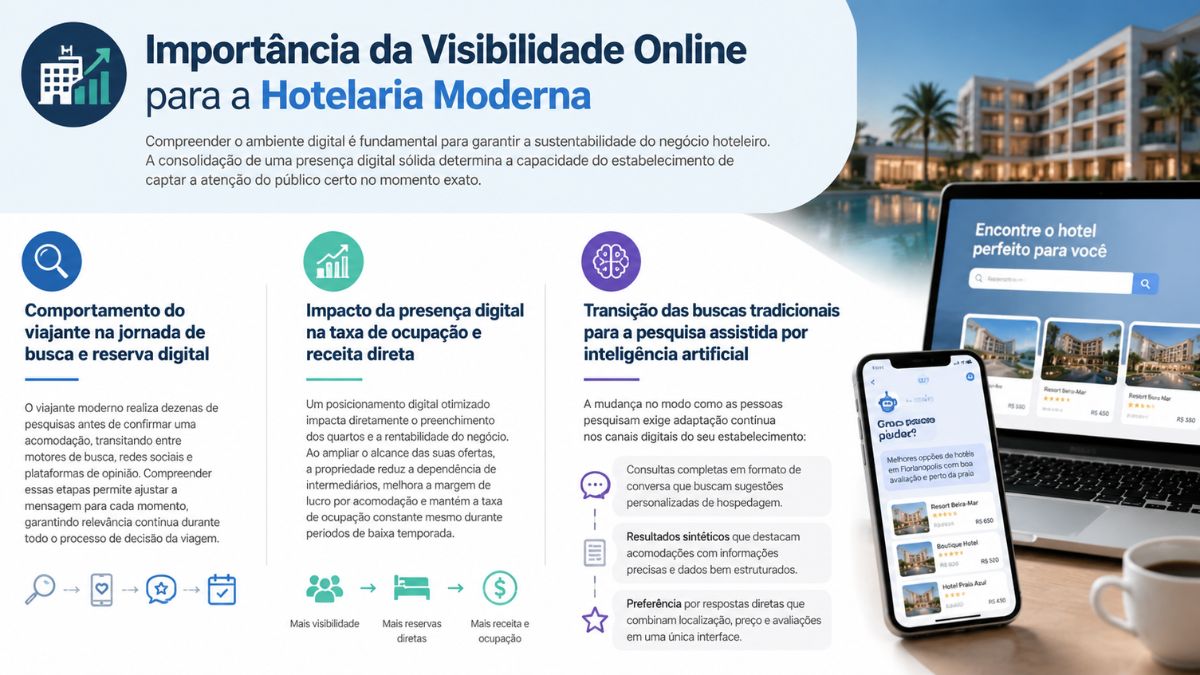 Infográfico detalhando a importância da visibilidade online para a hotelaria, mostrando comportamento do viajante, impacto na receita e busca por inteligência artificial em notebook e celular.