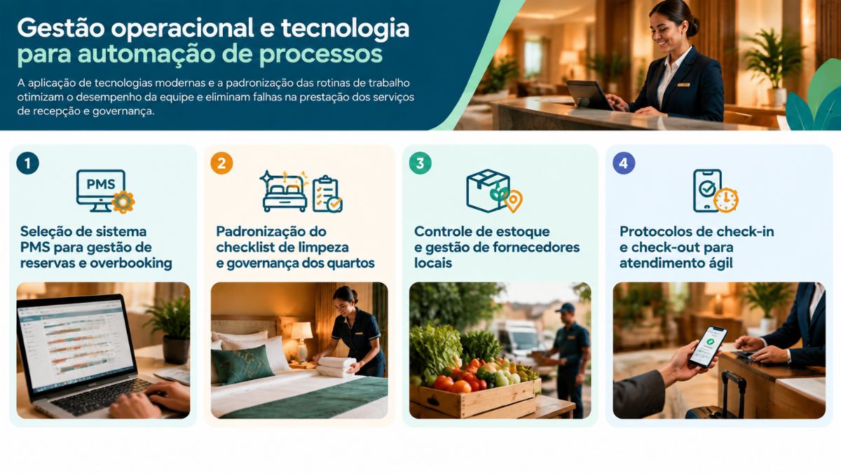 Infográfico explicativo sobre gestão operacional e tecnologia para automação de processos em pousadas, detalhando a seleção de sistema PMS para reservas, padronização de limpeza, controle de estoque com fornecedores e protocolos de atendimento ágil.