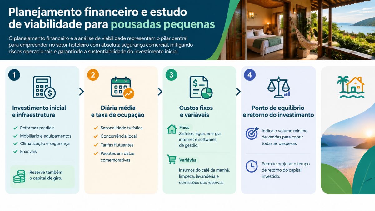 Infográfico explicativo sobre planejamento financeiro e estudo de viabilidade para abrir uma pousada de pequeno porte, detalhando quatro etapas principais: investimento inicial, diária média, custos fixos e variáveis, e ponto de equilíbrio.