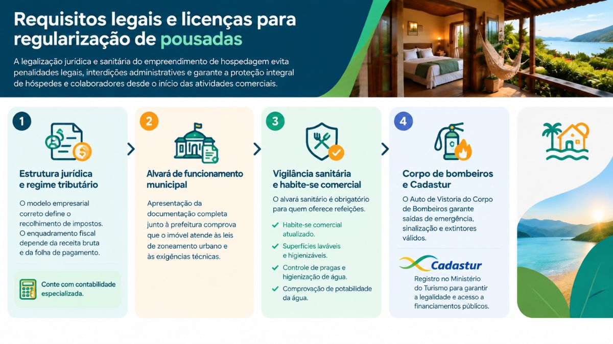 Infográfico informativo sobre os requisitos legais e licenças essenciais para a regularização de pousadas, divididos em quatro etapas que abordam a estrutura jurídica, alvará de funcionamento, vigilância sanitária e vistoria do corpo de bombeiros com Cadastur.