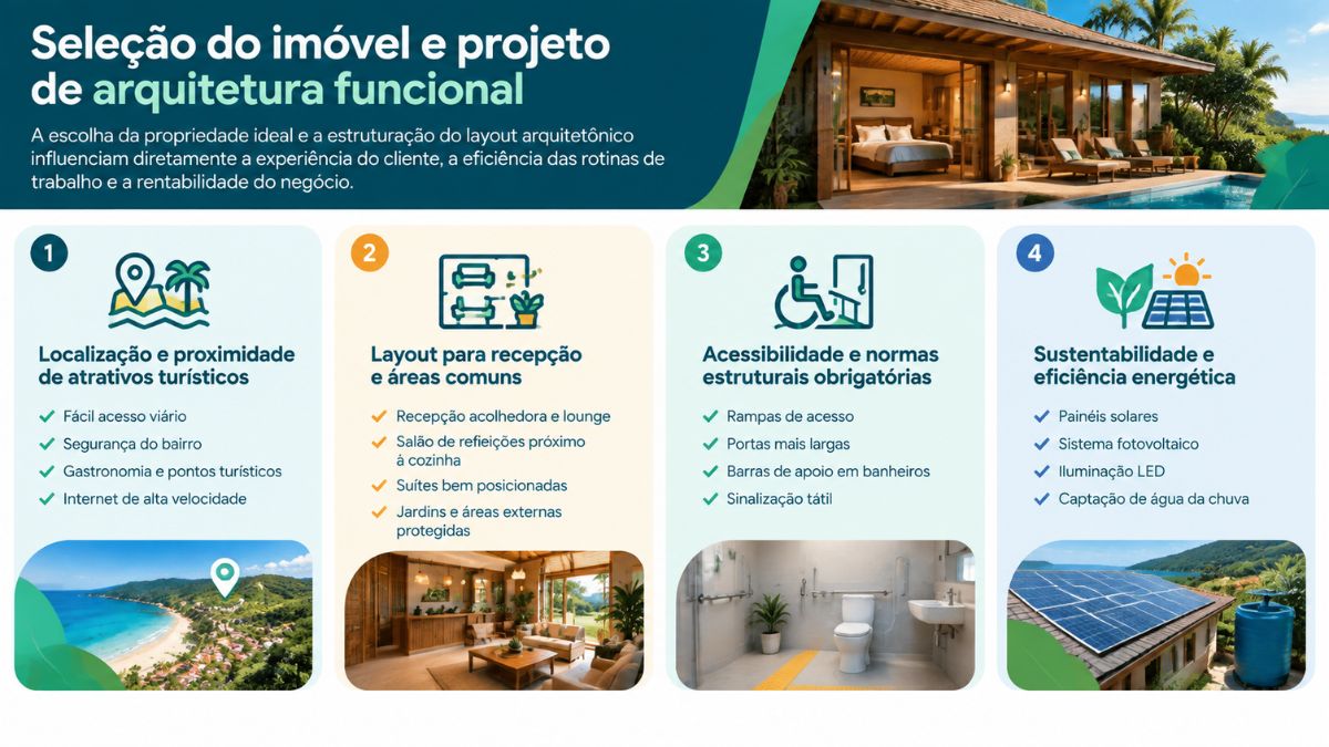 Infográfico explicativo sobre a seleção do imóvel e projeto de arquitetura funcional para pousadas pequenas, detalhando localização perto de pontos turísticos, layout de recepção, normas de acessibilidade e práticas de sustentabilidade.