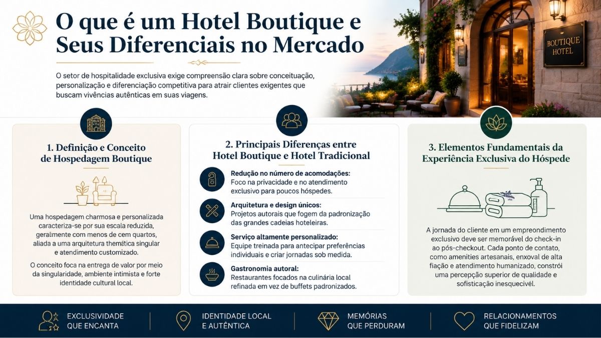 Infográfico detalhando o conceito de hotel boutique, destacando diferenças para o hotel tradicional como escala reduzida, arquitetura autoral, atendimento personalizado e gastronomia local.