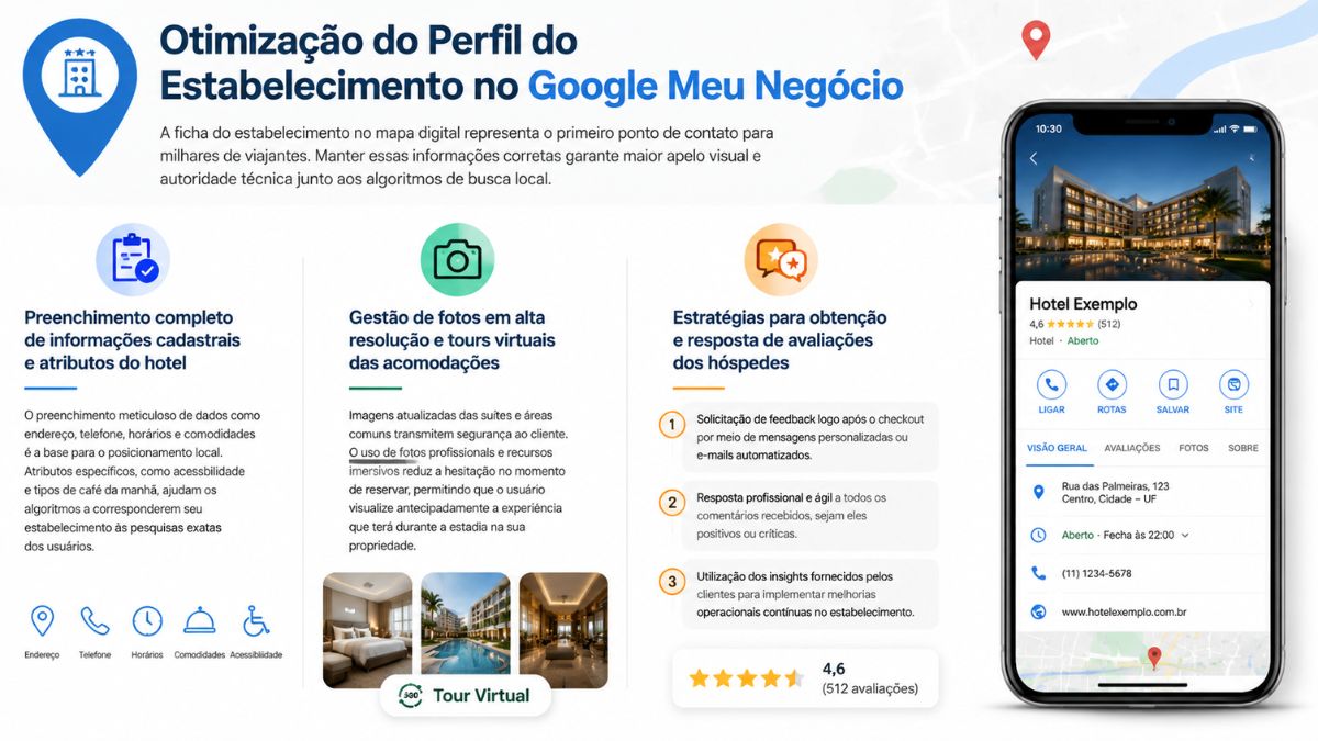 Infográfico explicativo sobre otimização no Google Meu Negócio para hotéis, mostrando dados cadastrais, gestão de fotos, avaliações de hóspedes e perfil em celular.