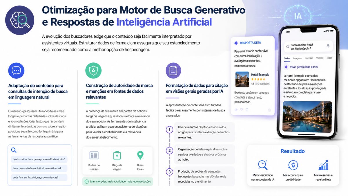 Infográfico sobre otimização para motor de busca generativo e inteligência artificial, detalhando linguagem natural, autoridade de marca, formatação de dados e simulação de busca em smartphone.
