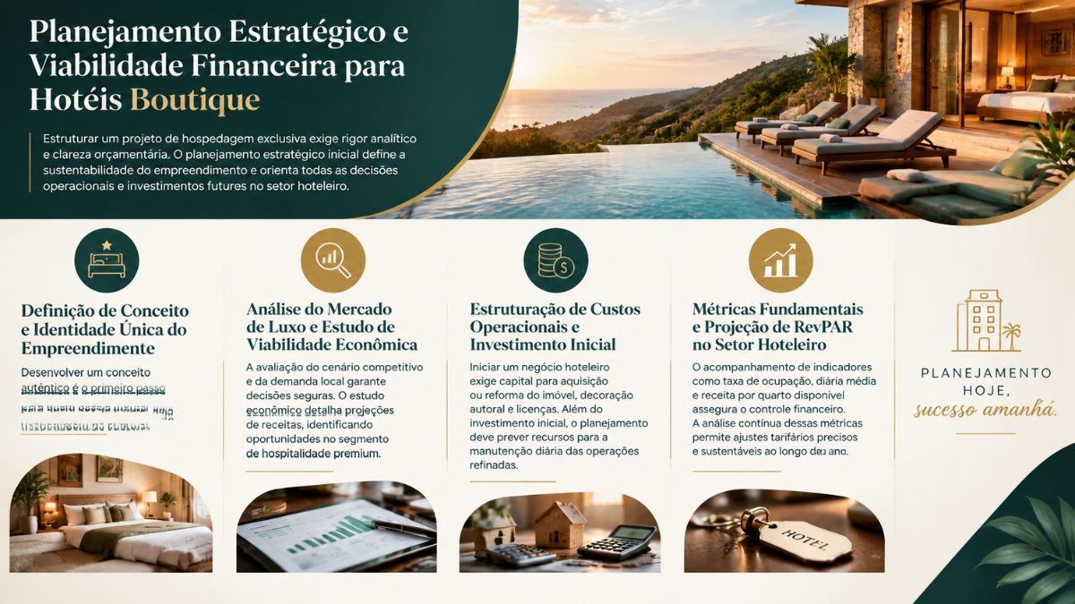 Infográfico detalhando o planejamento estratégico e a viabilidade financeira para abrir um Hotel Boutique, com etapas de conceito, análise de mercado de luxo, custos operacionais e projeção de RevPAR.