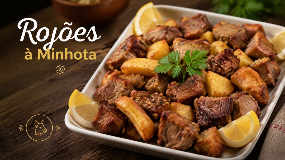 Travessa branca com rojões à minhota fritos, cubos de batatas douradas, gomos de limão e um ramo de salsa fresca sobre mesa de madeira.