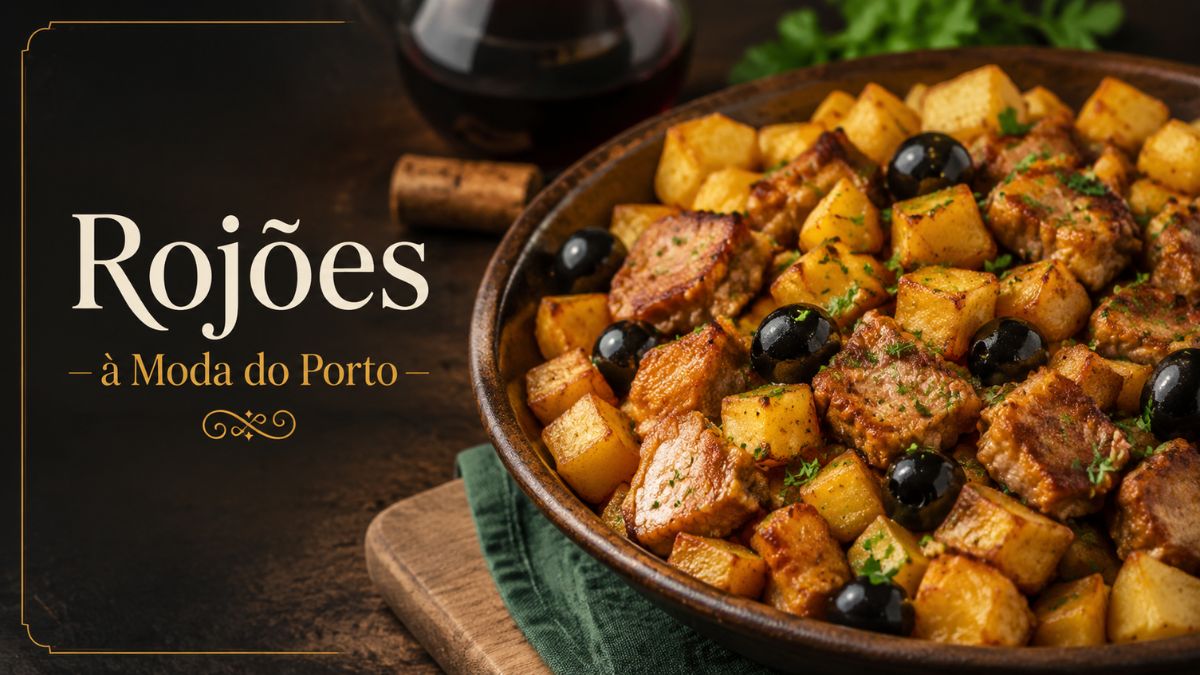 Prato de barro com rojões à moda do Porto, batatas fritas em cubos, azeitonas pretas e salsa picada, servido numa mesa de madeira rustica.