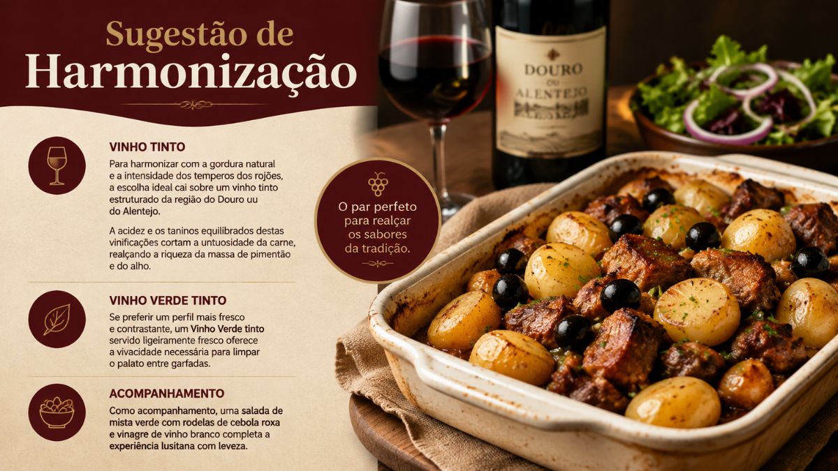 Assadeira com rojões no forno e batatas acompanhada por copo de vinho tinto, garrafa e salada mista verde com cebola roxa.