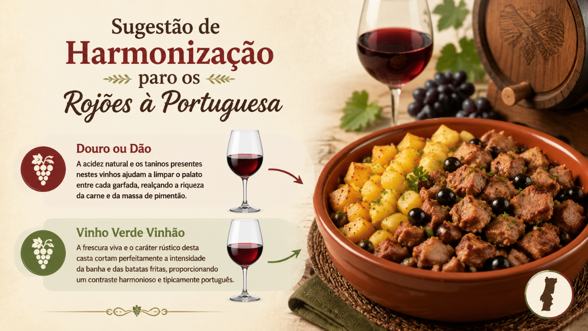 Infográfico com sugestões de harmonização de vinhos do Douro, Dão e Vinho Verde Vinhão com rojões à portuguesa numa travessa de barro.