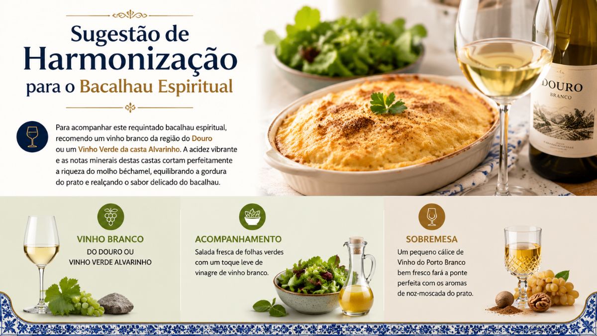 Infográfico com sugestões de harmonização para bacalhau espiritual, incluindo vinho branco do Douro, salada de folhas verdes e Vinho do Porto Branco.