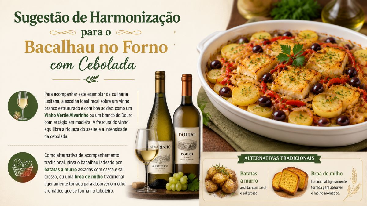 Infográfico com sugestões de harmonização de vinho branco e acompanhamentos tradicionais para bacalhau no forno com cebolada.