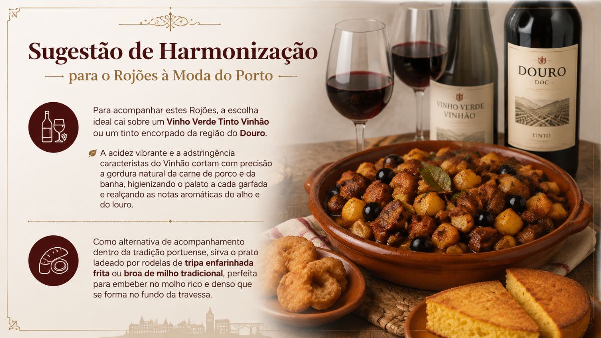 Infográfico com sugestão de harmonização para rojões à moda do Porto, destacando garrafas de vinho verde tinto Vinhão e vinho do Douro DOC, broa de milho e tripa enfarinhada.
