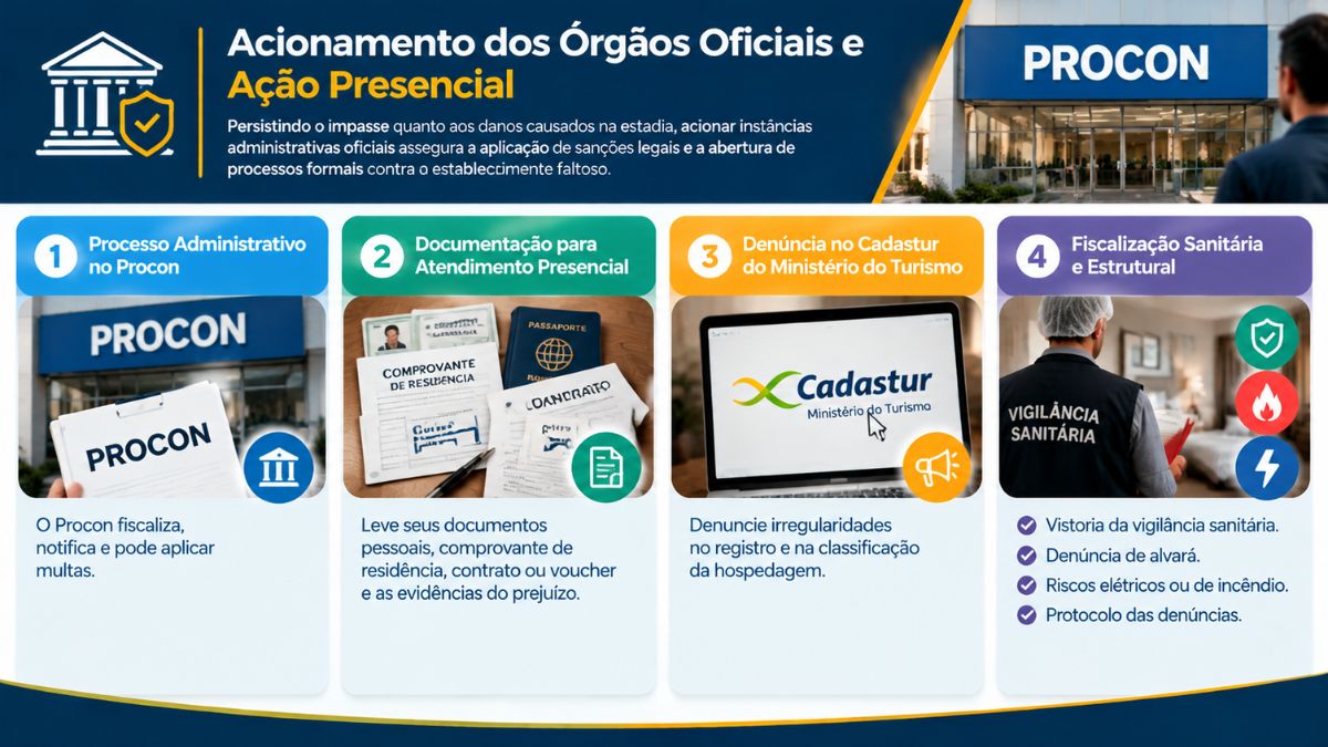 Infográfico explicativo sobre como acionar órgãos oficiais e realizar atendimento presencial no Procon para reclamação de hotel.