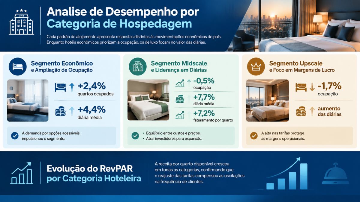 Infográfico sobre a análise de desempenho por categoria de hospedagem no Brasil, destacando dados das categorias econômico, midscale, upscale e evolução do RevPAR.