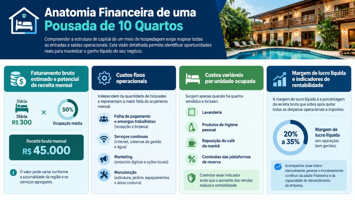 Infográfico detalhando a anatomia financeira de uma pousada de 10 quartos com faturamento, custos fixos, custos variáveis e margem de lucro.