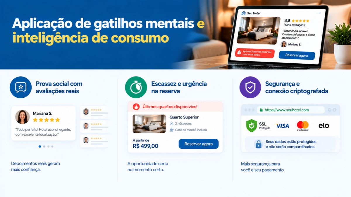Infográfico com aplicação de gatilhos mentais e inteligência de consumo destacando prova social com avaliações reais, escassez de quartos e segurança no pagamento.
