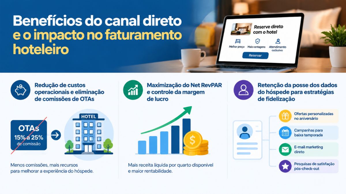 Infográfico explicativo sobre benefícios do canal direto e o impacto no faturamento hoteleiro com tela de notebook mostrando reserva direta com o hotel.