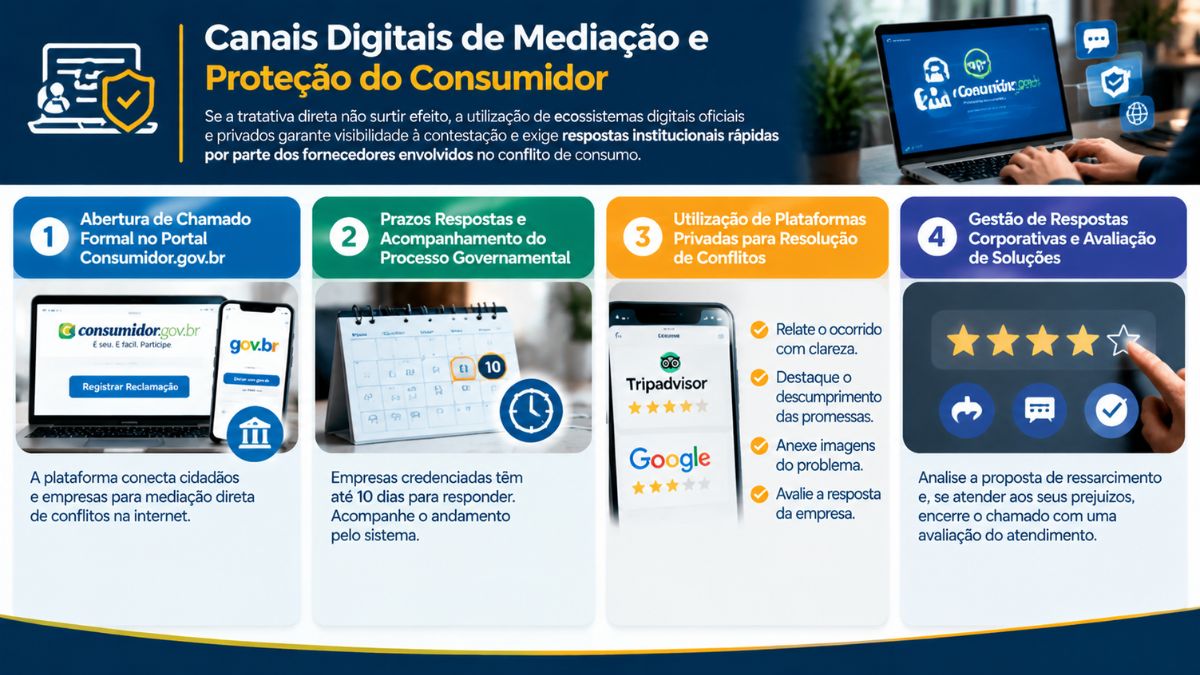 Infográfico explicativo sobre os canais digitais de mediação e proteção do consumidor para formalizar uma reclamação de hotel online.