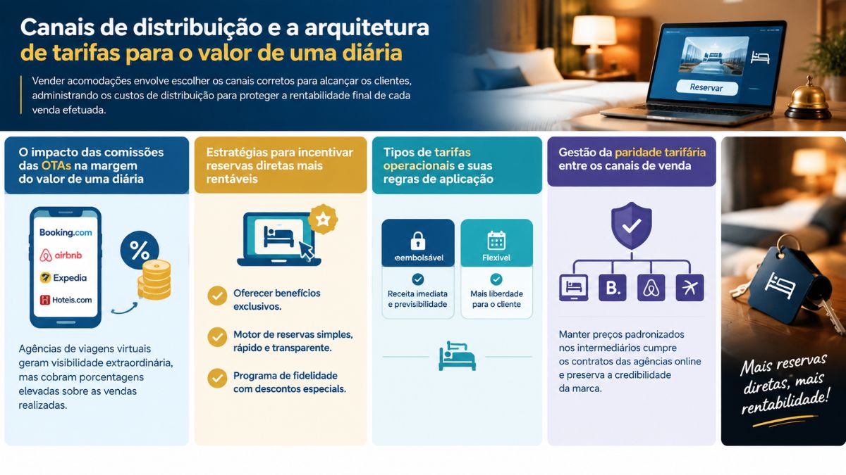 Infográfico explicativo sobre canais de distribuição hoteleira e arquitetura de tarifas detalhando o impacto das comissões das OTAs, incentivo a reservas diretas, tipos de tarifas e paridade tarifária.