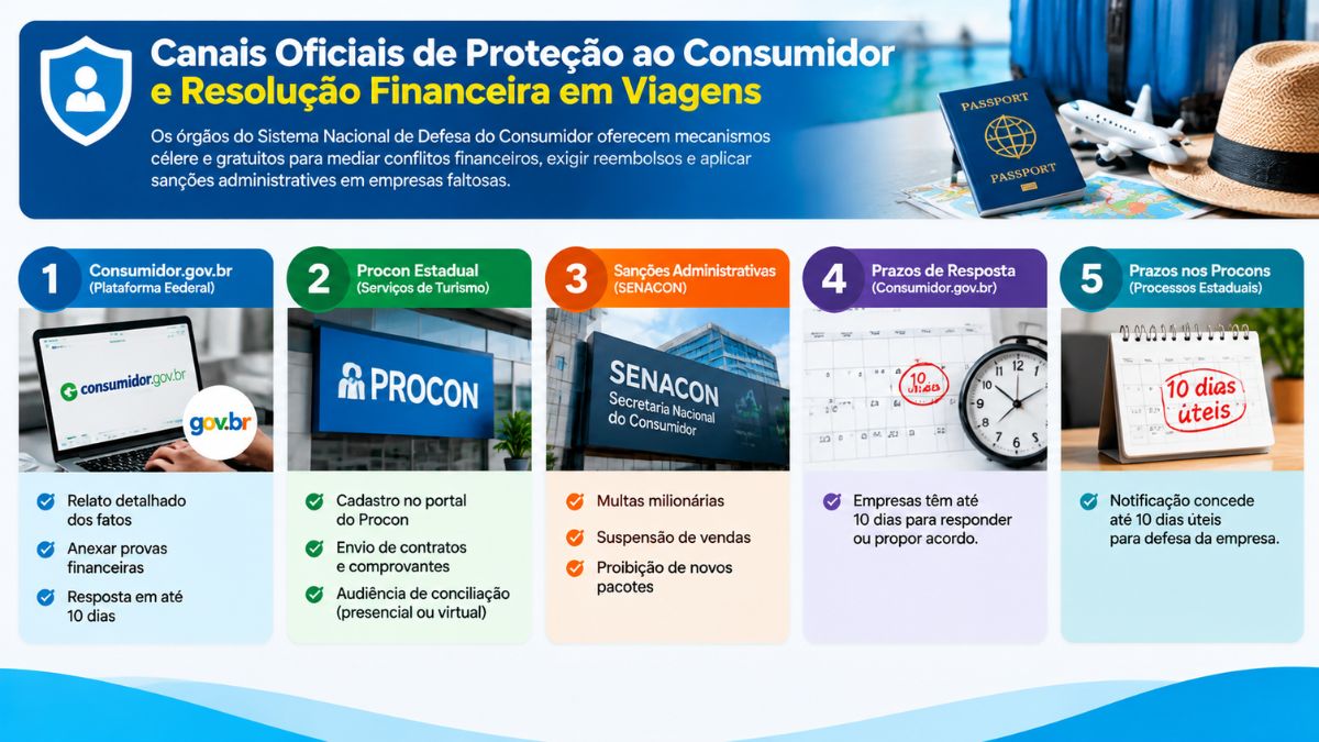 Infográfico informativo sobre canais oficiais de proteção ao consumidor e prazos para resolução financeira em viagens com Procon, Consumidor.gov.br e Senacon.