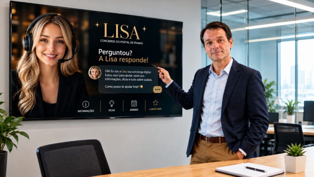 Carlos Jobs vestindo blazer escuro e calça caqui, apontando para uma grande tela digital com a apresentação da concierge virtual Lisa do Portal de Ipiabas.