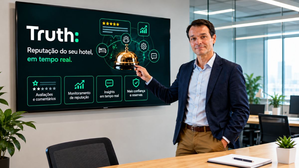 Carlos Jobs em pé ao lado de um monitor digital, vestindo blazer escuro e calça caqui, apontando para a tela com a apresentação da plataforma Truth sobre reputação hoteleira.