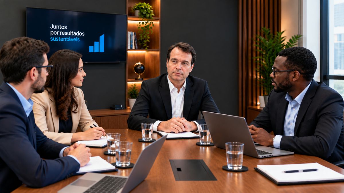 Carlos Jobs sentado ao centro de uma mesa de reunião com sua equipe, vestindo paletó escuro e camisa branca, diante de uma tela com a mensagem sobre resultados sustentáveis.