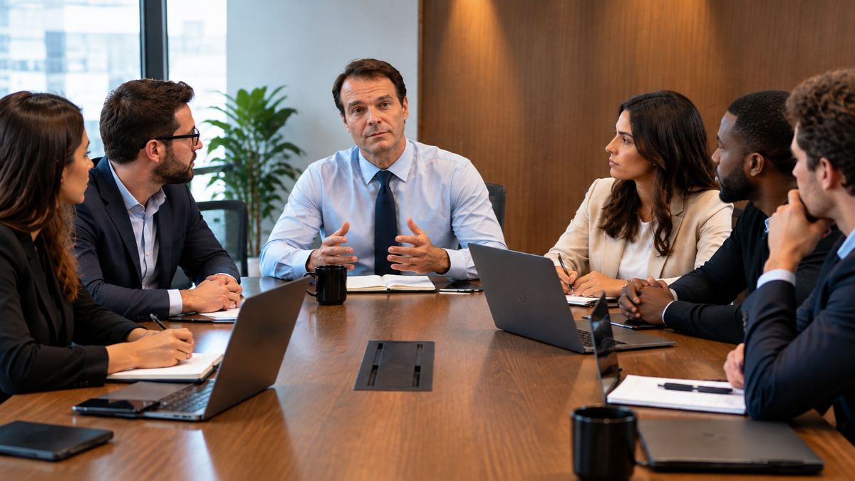 Carlos Jobs sentado ao centro de uma mesa de reunião corporativa, vestindo camisa azul e gravata, gesticulando enquanto conversa com sua equipe de executivos.