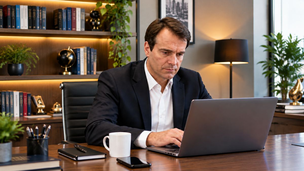 Carlos Jobs sentado em sua mesa de escritório corporativo, vestindo paletó escuro e camisa branca, concentrado ao digitar no notebook.