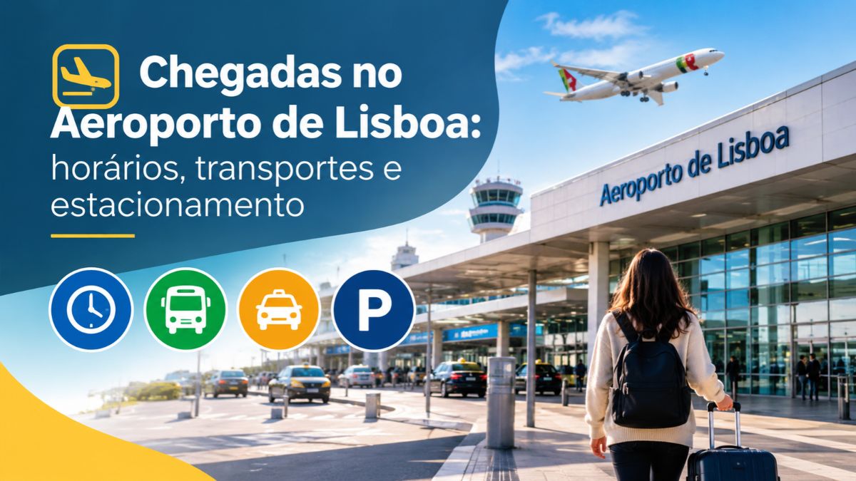 Aeroporto de Lisboa com avião em aproximação, terminal de passageiros, área de desembarque, transportes e estacionamento.