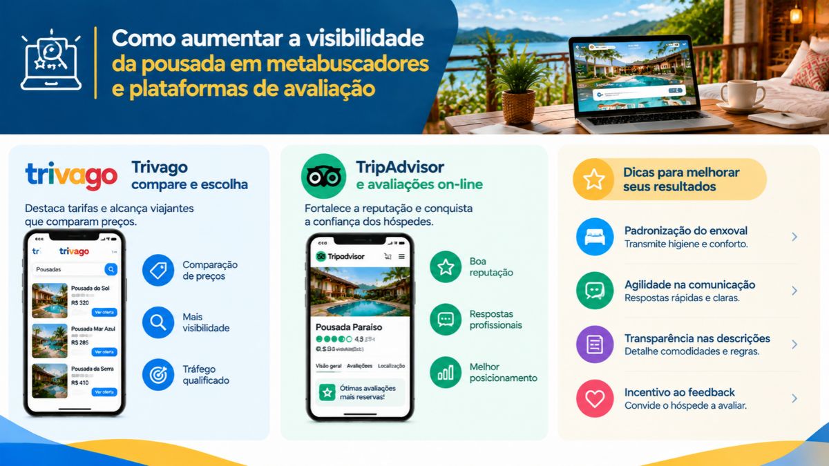 Infográfico sobre visibilidade para pousadas destacando estratégias no Trivago, TripAdvisor e dicas práticas para melhorar avaliações e posicionamento com exemplos em telas de celular.