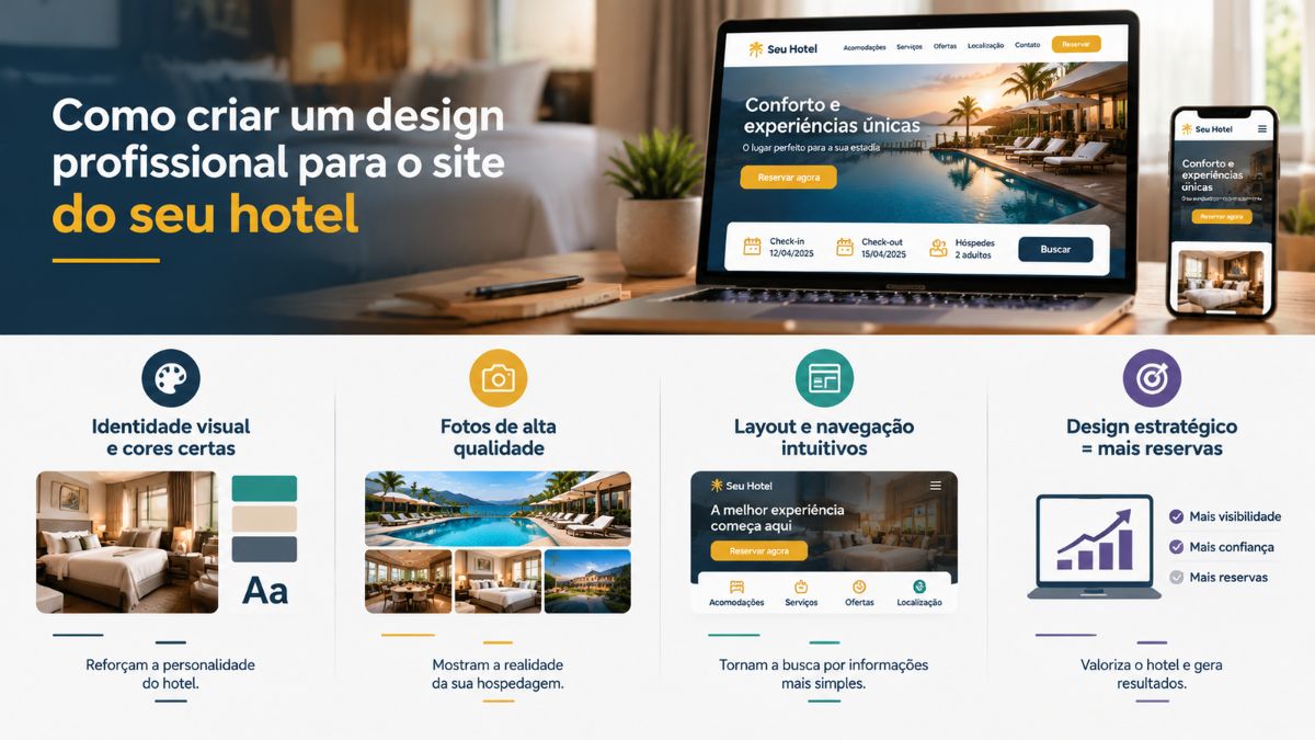 Infográfico educativo sobre como criar um design profissional para site de hotel com exemplos de identidade visual, fotos de alta qualidade e layout responsivo em tela de notebook e celular.