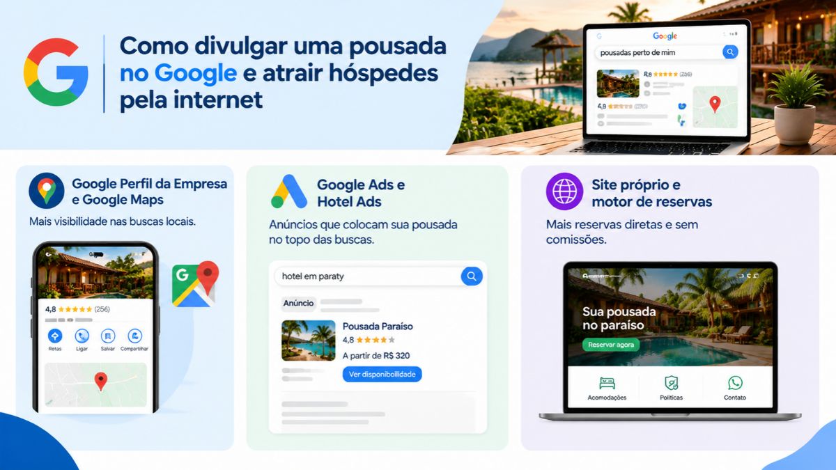 Infográfico explicativo com o logotipo do Google detalhando estratégias de divulgação para pousadas no Google Perfil da Empresa, Google Ads, Hotel Ads e site próprio com motor de reservas.