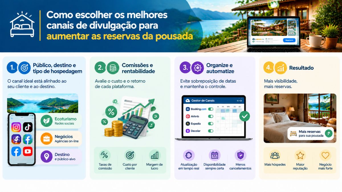 Infográfico explicativo dividindo em quatro passos a escolha dos canais de divulgação para pousadas, incluindo público, comissões, automação de reservas e resultados para o negócio.
