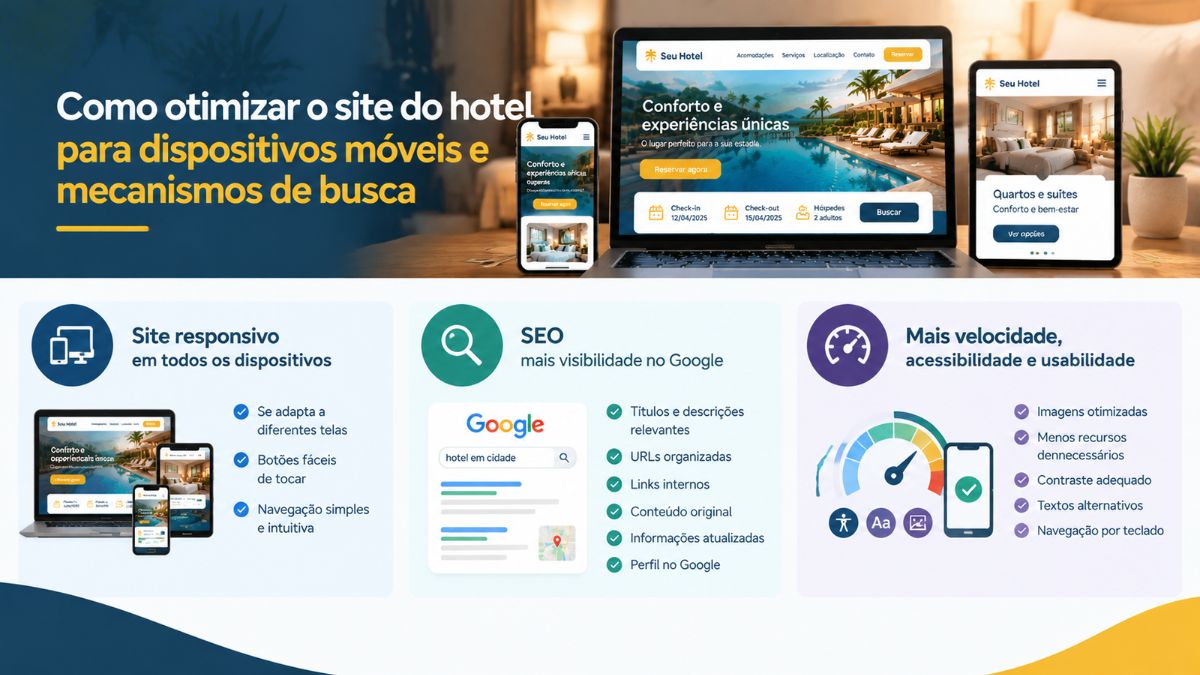 Infográfico explicativo sobre otimização de site de hotel para dispositivos móveis e SEO no Google com foco em velocidade, acessibilidade e usabilidade em telas de notebook, celular e tablet.
