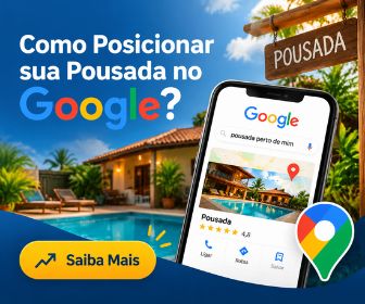 Banner promocional com o título Como Posicionar sua Pousada no Google, exibindo smartphone com busca no Google Maps, ícone de localização e botão amarelo Saiba Mais.