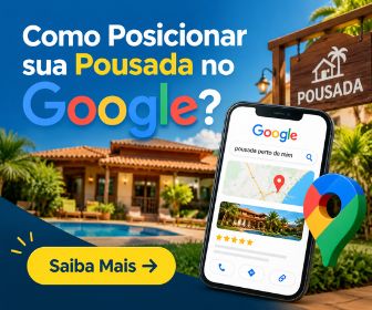 Banner promocional com a frase Como Posicionar sua Pousada no Google, exibindo celular com busca local no Google Maps ao lado de um pin de localização e botão de Saiba Mais.