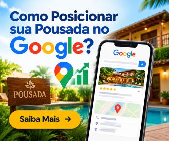 Banner com o texto Como Posicionar sua Pousada no Google, exibindo celular com aplicativo do Google, pin de localização do Google Maps com gráfico de crescimento e botão amarelado de Saiba Mais.