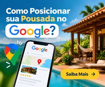 Banner com a frase Como Posicionar sua Pousada no Google, exibindo celular com busca no Google Maps, ícone de localização e botão amarelo de Saiba Mais.