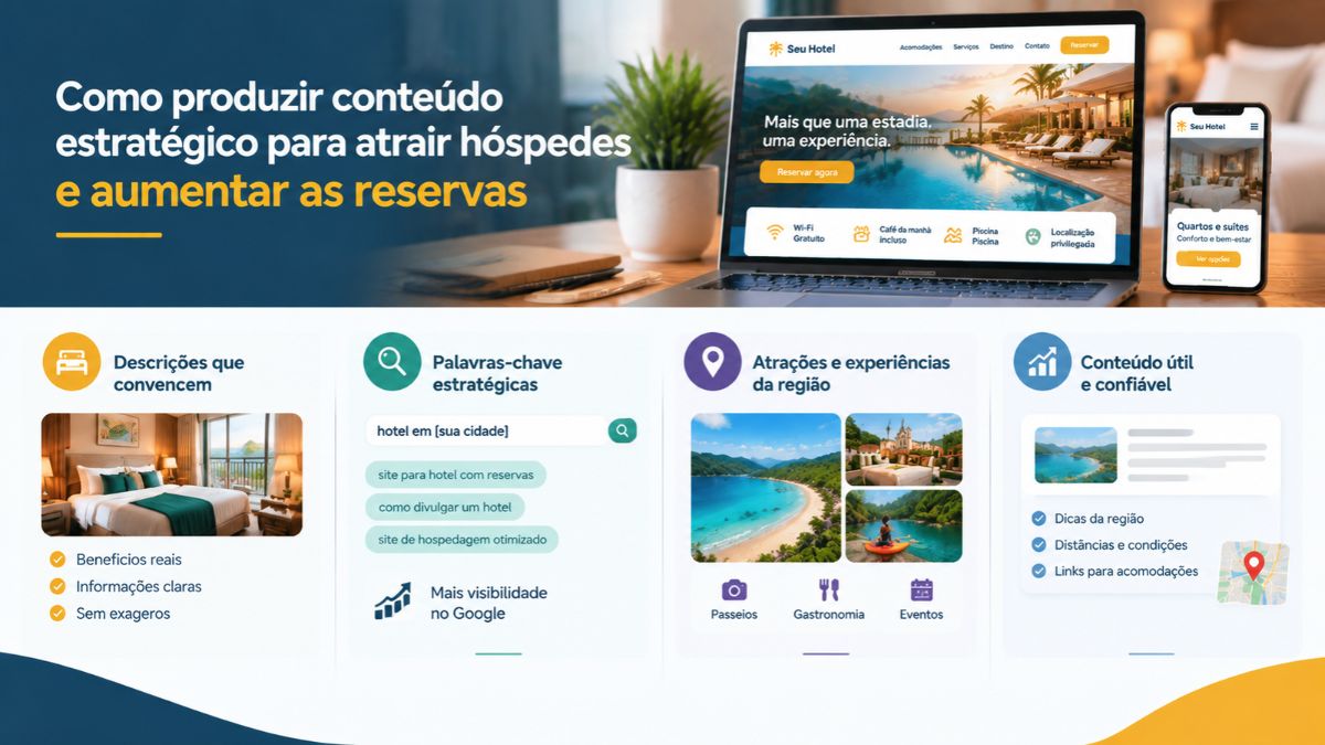 Infográfico educativo sobre produção de conteúdo estratégico para site de hotel exibindo notebook, smartphone e quatro etapas com descrições, palavras-chave, atrações locais e dicas úteis.