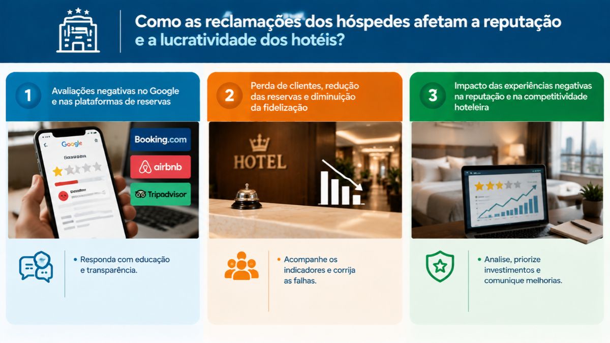 Infográfico explicando o impacto das reclamações de hóspedes na reputação e lucratividade hoteleira, abordando avaliações negativas online, perda de reservas e estratégias de melhoria contínua.