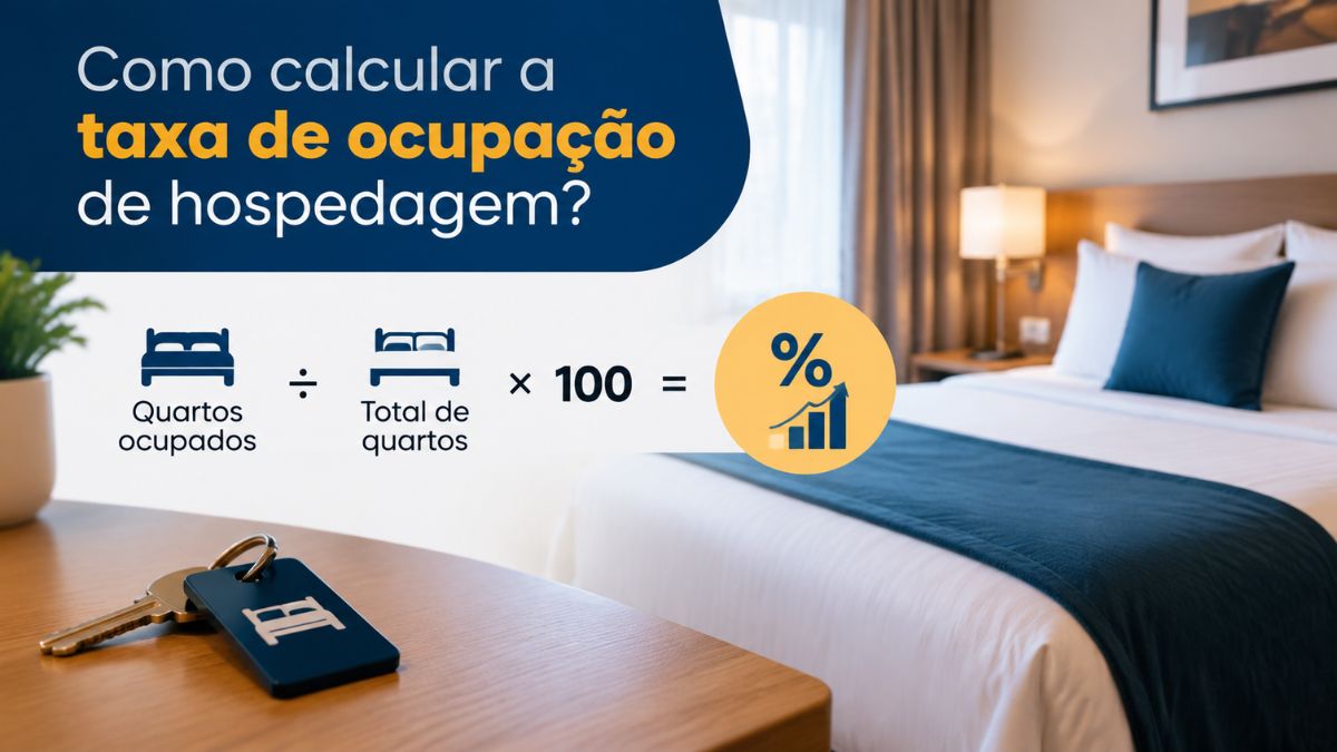 Infográfico explicativo sobre como calcular a taxa de ocupação de hospedagem em hotéis e pousadas. A imagem apresenta a fórmula matemática dividindo o número de quartos ocupados pelo total de quartos disponíveis e multiplicando por 100, com o fundo de um quarto de hotel organizado.