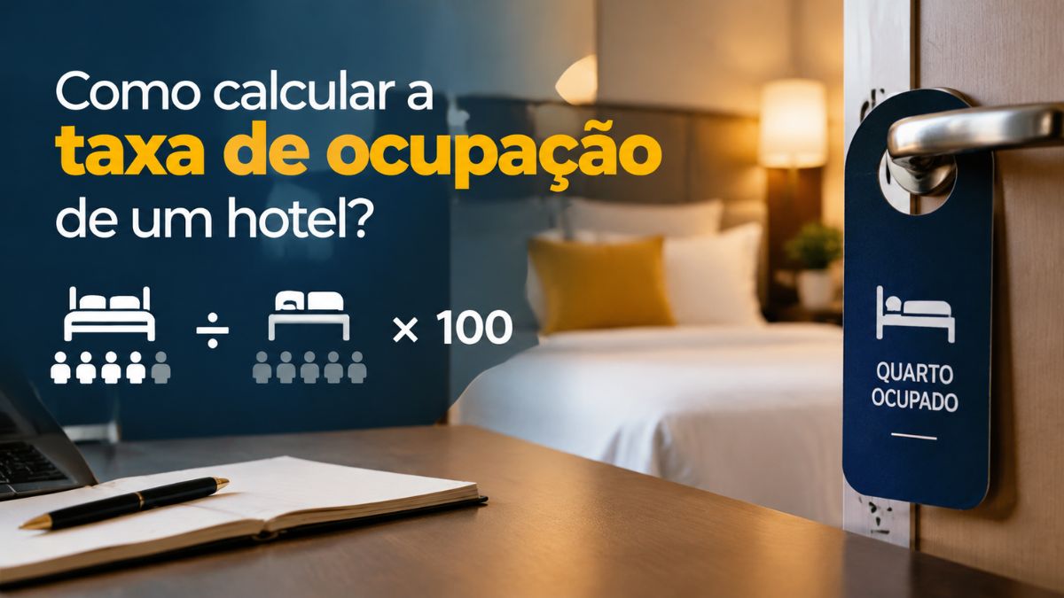 Infográfico explicativo sobre como calcular a taxa de ocupação de um hotel com ícones da fórmula matemática e um aviso de quarto ocupado na maçaneta.