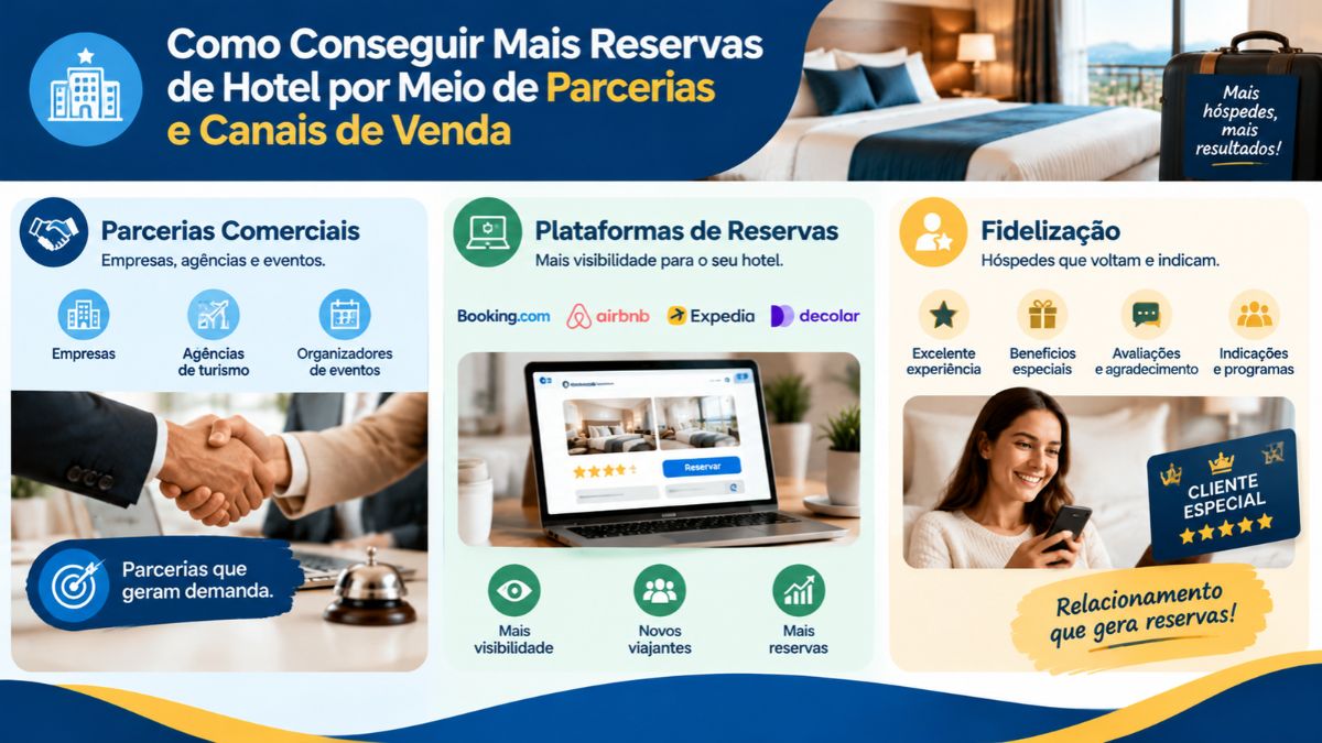 Infográfico sobre estratégias para conseguir mais reservas de hotel utilizando parcerias comerciais, plataformas de reservas online e programas de fidelização.