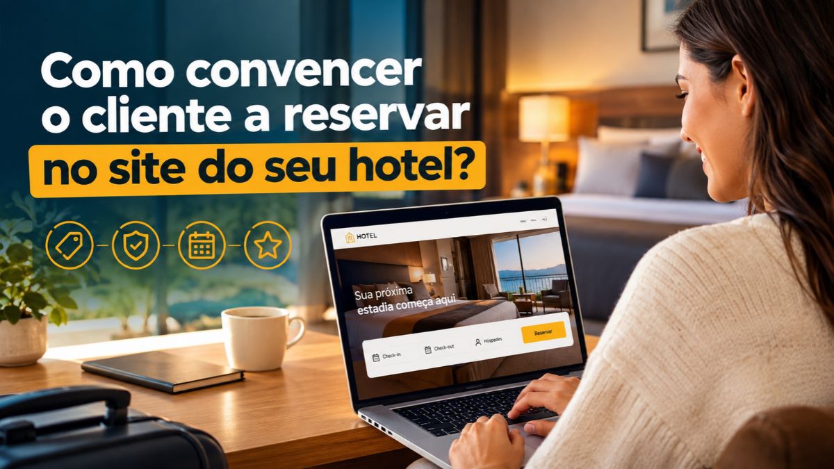 Mulher navegando no laptop em um quarto de hotel e fazendo uma reserva direta no site oficial com o texto como convencer o cliente a reservar no site do seu hotel.
