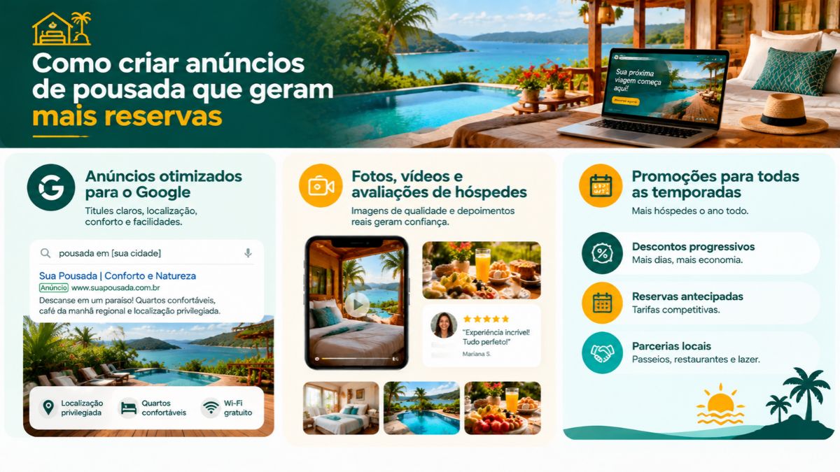 Infográfico explicativo sobre como criar anúncios de pousada com estratégias de otimização para o Google, uso de fotos de qualidade e ofertas sazonais.